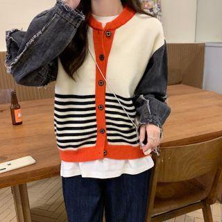 Color Block Denim Panel Long-sleeve Cardigan