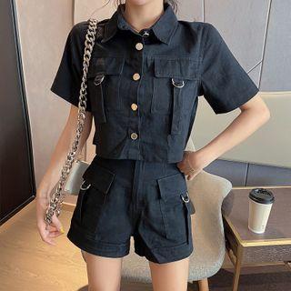 Set: Short-sleeve Cropped Cargo Shirt + Shorts