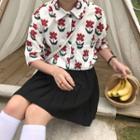 Flower Print Elbow-sleeve Blouse / Pleated Skirt