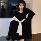 Long-sleeve Cold-shoulder Sweater Black - One Size