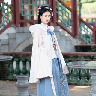 Set: Long-sleeve Floral Embroidered Cheongsam Top + A-line Skirt