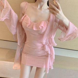 Spaghetti-strap Ruffle Trim Mini Bodycon Dress / Light Jacket