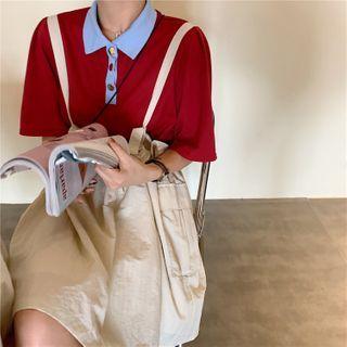 Short-sleeve Polo Knit Top / Drawcord Cargo Jumper Skirt