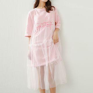 3/4-sleeve Mesh Panel T-shirt Dress