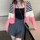 Striped Color Block Cardigan / Camisole Top / Pleated Mini A-line Skirt