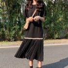 Short-sleeve Chiffon Panel Pleated Midi Dress Black - One Size