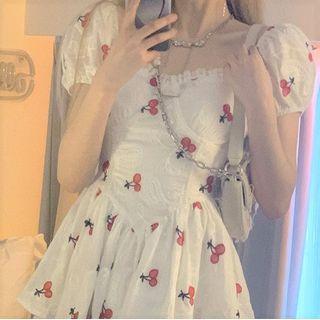 Short-sleeve Cherry Embroidered Tiered Mini A-line Dress