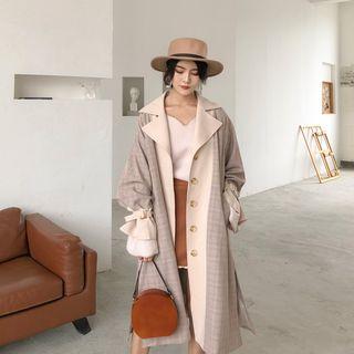 Plaid Panel Buttoned Long Trench Coat