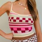 Checkerboard Knit Cropped Camisole Top Pink & Off-white - One Size