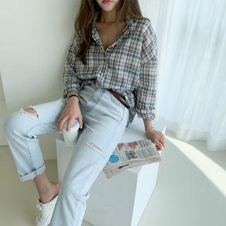 Long-sleeve Plaid Shirt Dark Green - One Size