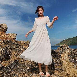 Printed Bell-sleeve V-neck A-line Midi Sundress