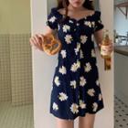 Flower Print Short-sleeve Mini A-line Dress Blue - One Size