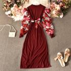 Floral Panel Tie-waist Maxi A-line Dress Wine Red - One Size