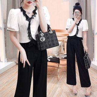Set: Puff-sleeve Lace Trim Blouse + Wide Leg Pants