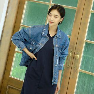Ripped Paneled Denim Trucker Jacket