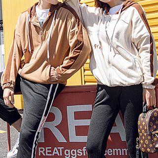 Couple Matching Lettering Embroidered Hooded Zip Jacket/ Skinny Sweatpants/ Set