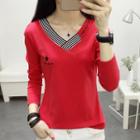V-neck Striped Trim Long-sleeve T-shirt