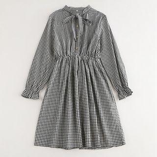 Long-sleeve Checker A-line Midi Dress Plaid - Black & White - One Size