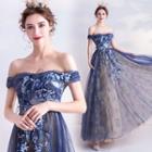 Floral Embroidered Off-shoulder Mesh A-line Evening Gown