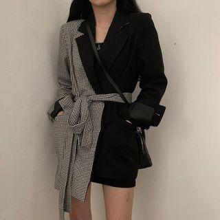 Checked Panel Tie-waist Blazer