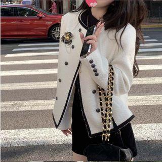 Contrast Trim Double Breasted Badge Coat