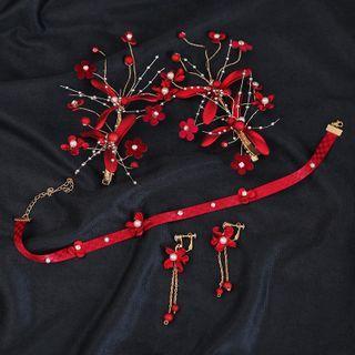 Set: Wedding Flower Hair Clip + Choker + Fringed Earring 1 Pair - Hair Clip & 1 Piece - Choker & 1 Pair - Clip On Earrings - Red - One Size