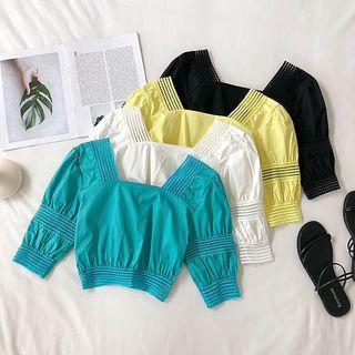 Elbow-sleeve Lace Trim Cropped Top
