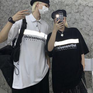 Elbow-sleeve Polo-neck Reflective Letter Print T-shirt