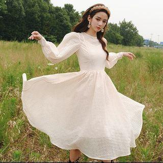 Set: Check Long-sleeve A-line Dress + Slipdress