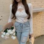 Long-sleeve Lace Trim Top White - One Size