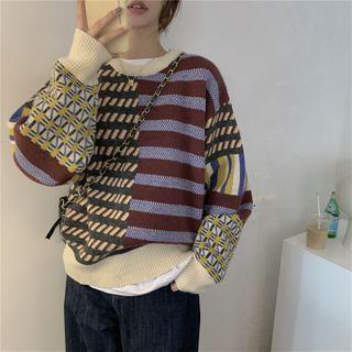 Pattern Paneled Sweater Pattern - Red & Yellow & Gray - One Size