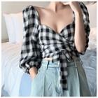 Plaid Puff-sleeve Cropped Wrap Blouse Black & White - One Size