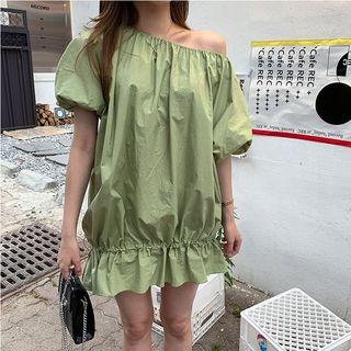 Drawstring-hem Off-shoulder Bell-sleeve Mini Dress Green - One Size
