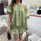 Drawstring-hem Off-shoulder Bell-sleeve Mini Dress Green - One Size
