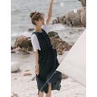 Sleeveless Drawstring-waist Pintuck-trim Dress