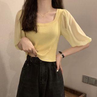 Short Sleeve Square Neck Knit Top