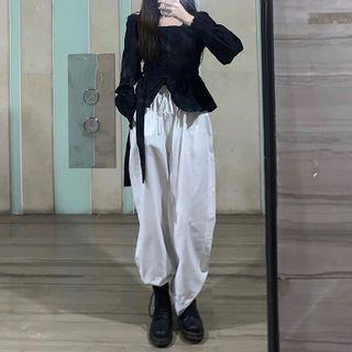 Puff-sleeve Drawstring Blouse / Harem Pants