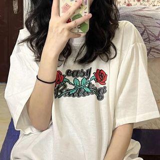 Short-sleeve Rose Print Vintage T-shirt