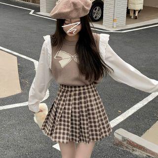 Mock Two-piece Bow Print Sweater / Plaid Mini Pleated Skirt