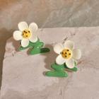 Flower Stud Earring C-838 - 1 Pair - White & Yellow & Green - One Size