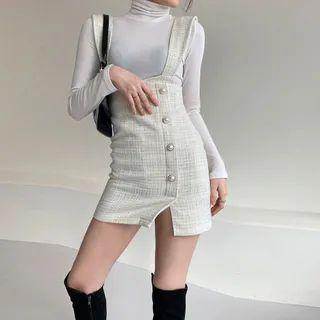 Square-neck Tweed Mini Pinafore Dress