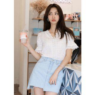 Lace-up Back Embroidered Lace Blouse