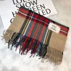 Lettering Applique Plaid Fringed Scarf