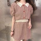 Set: Lace Collar Plaid Short-sleeve Blouse + A-line Skirt