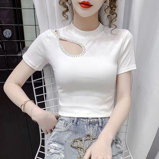 Short-sleeve Cut-out Rhinestone Top