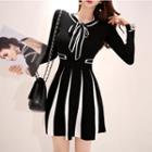 Bow Accent Long-sleeve A-line Dress Black & White - One Size