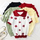 Peter Pan-collar Flower-print Knit Top