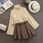 Set: Plain Turtleneck Sweater + Plaid Mini A-line Skirt