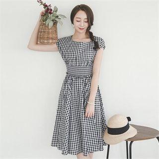Cap-sleeve Gingham A-line Dress