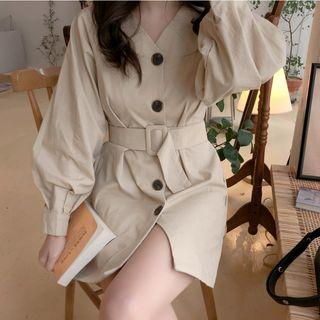 Single-breasted Lantern-sleeve Mini Dress